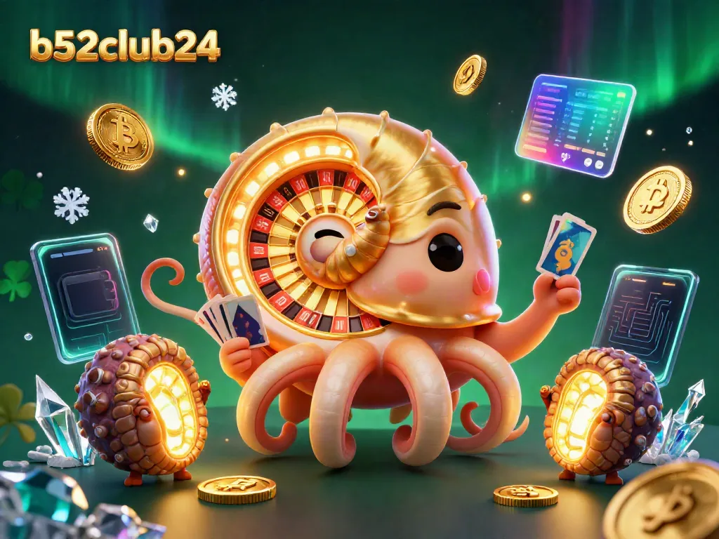 Engage with the vibrant world of b52club24 as a giant nautilus showcases a glowing roulette wheel in a bustling casino atmosphere.