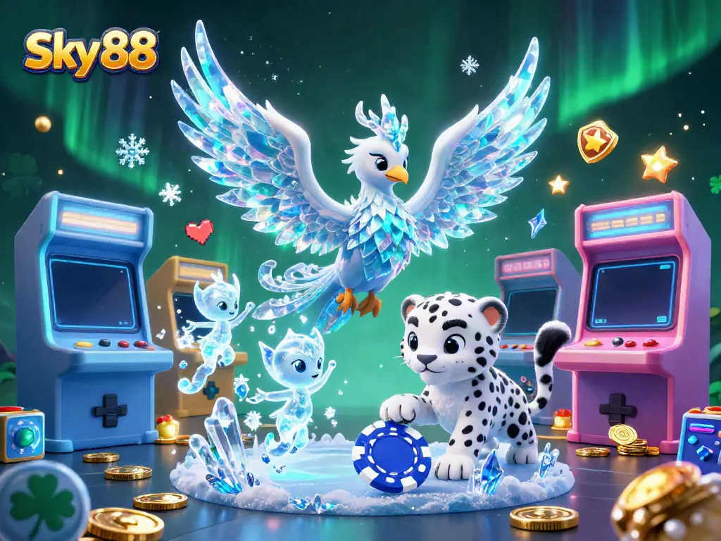Engage in the Sky 88 casino with an ice phoenix illuminating a lively gambling scene.