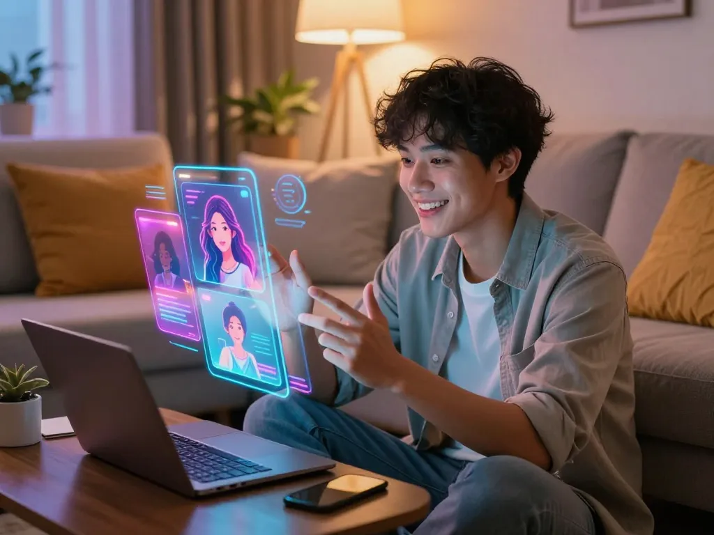 Engaging interaction with an AI girlfriend showcasing technology and comfort.