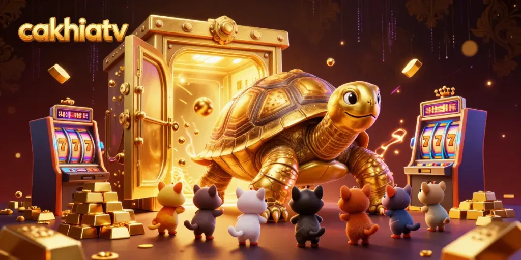 Cakhiatv showcases an exciting casino atmosphere with a golden tortoise pinball machine and slot elements.