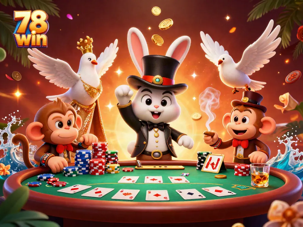 Experience the thrill of 78 win with a magician pulling coins, a dove, and a monkey at a vibrant casino scene.