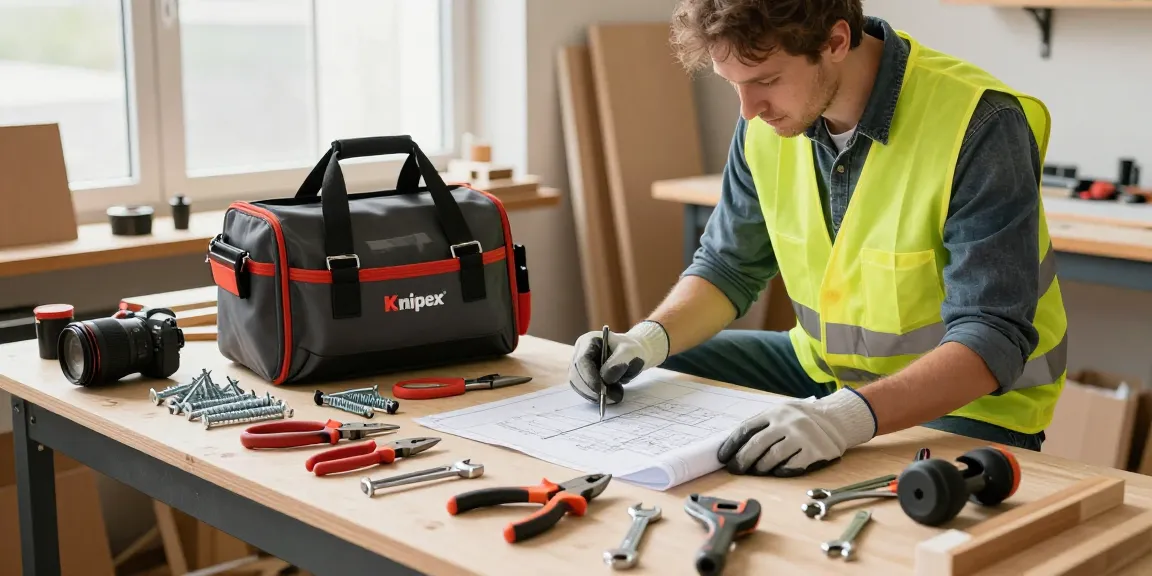 Knipex tool bag showcased alongside tools in a vibrant workshop atmosphere.