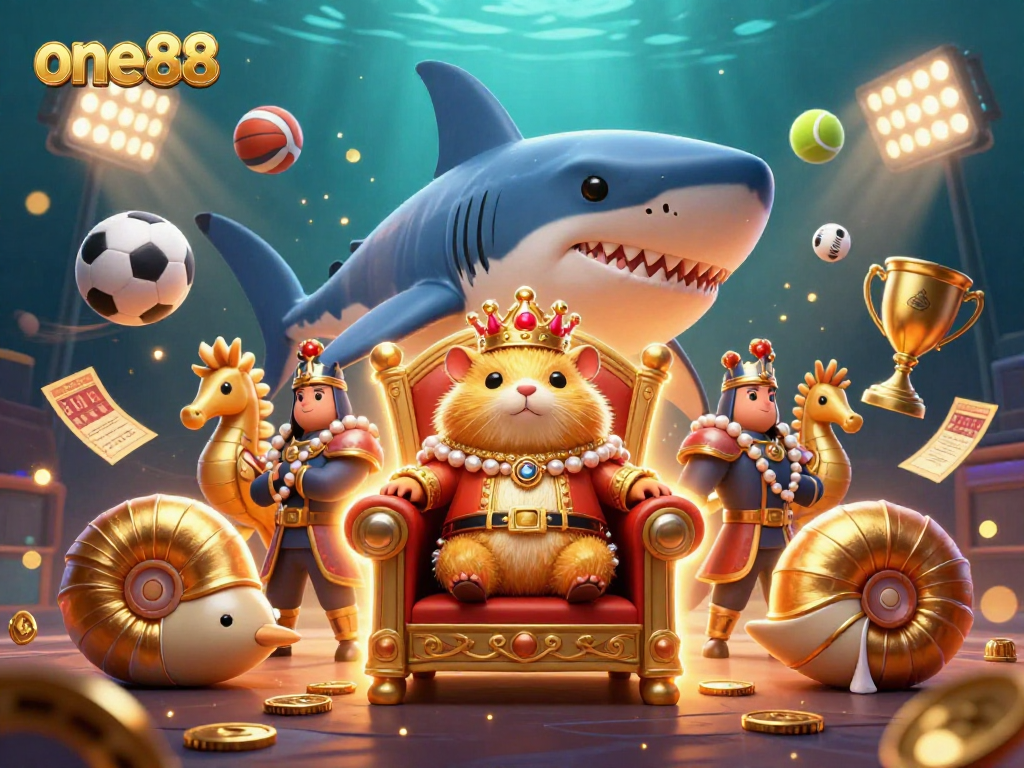 Engage in thrilling gameplay with one88, featuring a dynamic 3D scene of gaming royalty and vibrant elements.