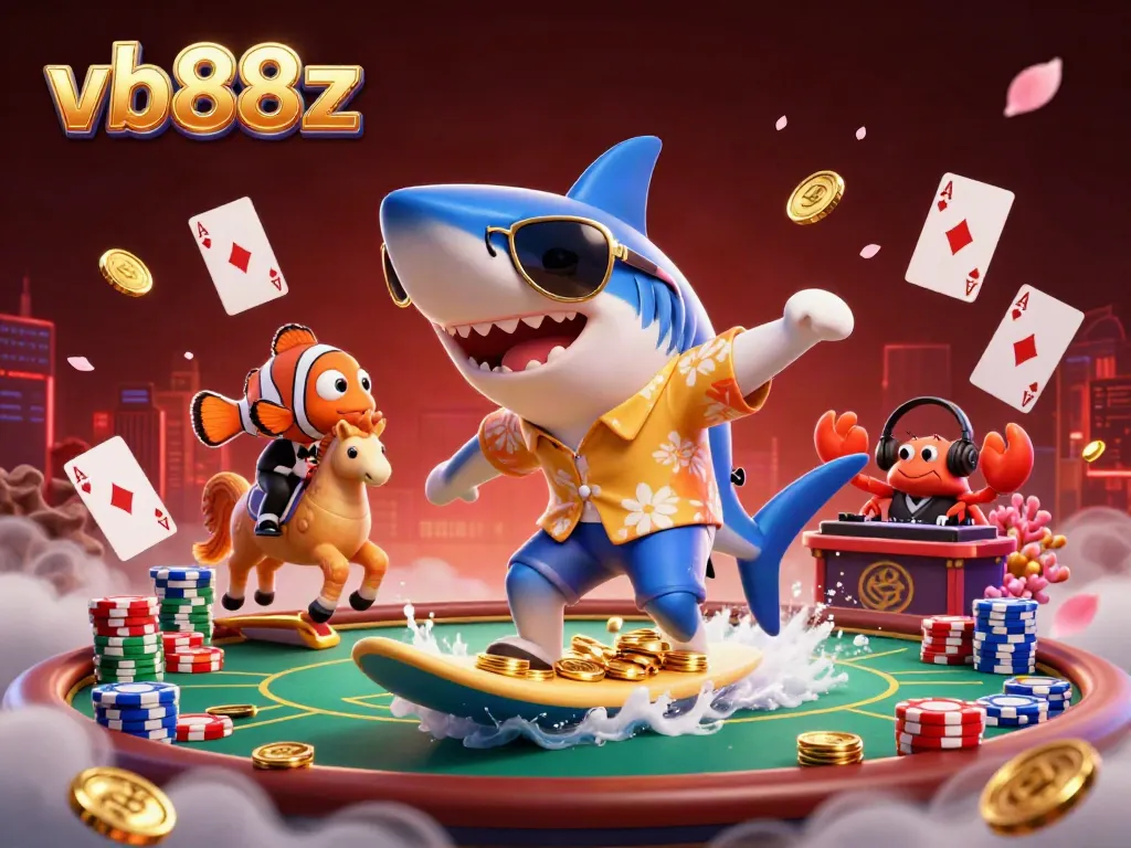 Experience the thrill of vb88z with a vibrant 3D scene featuring a shark and cartoon characters in a casino.