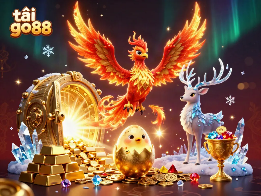 Engage in thrilling gameplay with the vibrant scene showcasing tải go 88, a magical phoenix and golden treasures.