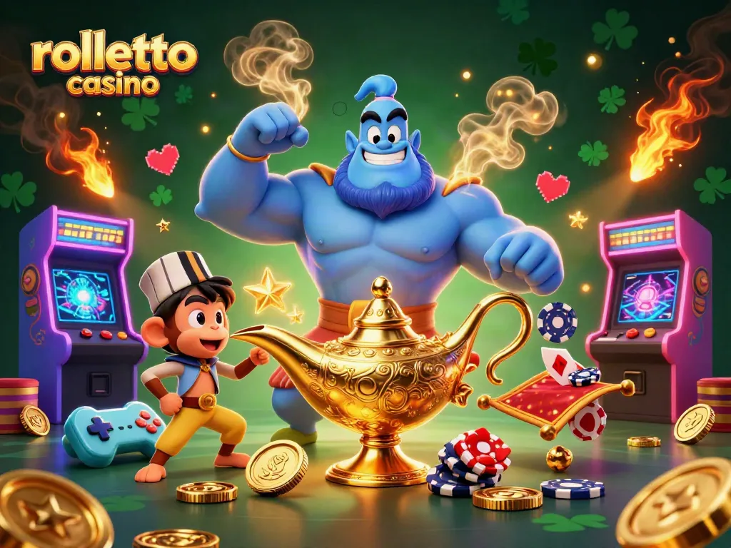 Experience the rolletto casino magic with a genie, monkey, and poker chips in a vibrant 3D scene.