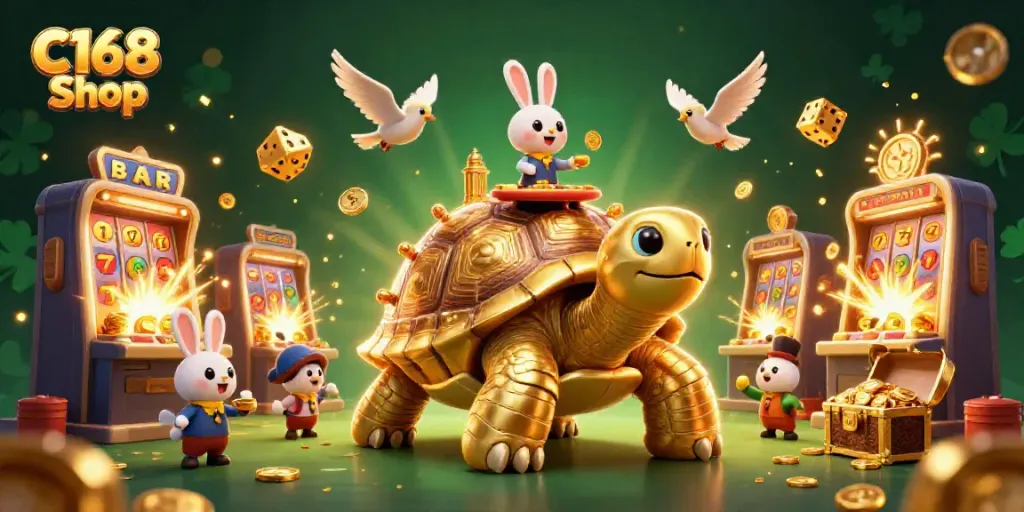 C168 Shop showcases a vibrant casino scene with golden tortoise and jackpot excitement.