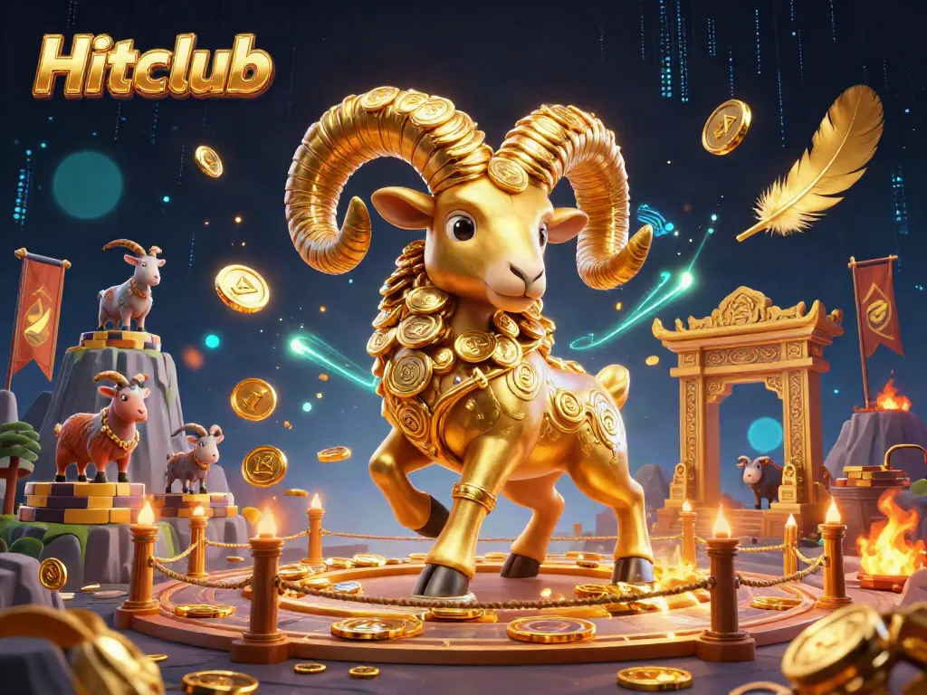 Hitclub's dynamic gaming scene featuring a golden ram amidst vibrant casino elements.