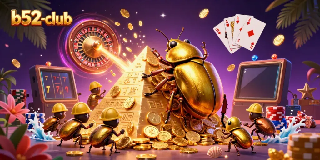Experience thrilling action at b52-club with vibrant casino imagery showcasing golden coins and dynamic roulette.