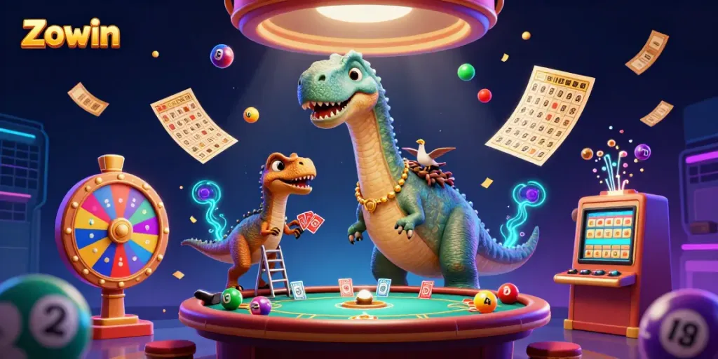 Engage in gaming excitement at Zowin with a vibrant casino scene featuring a playful brontosaurus and animated raptor
