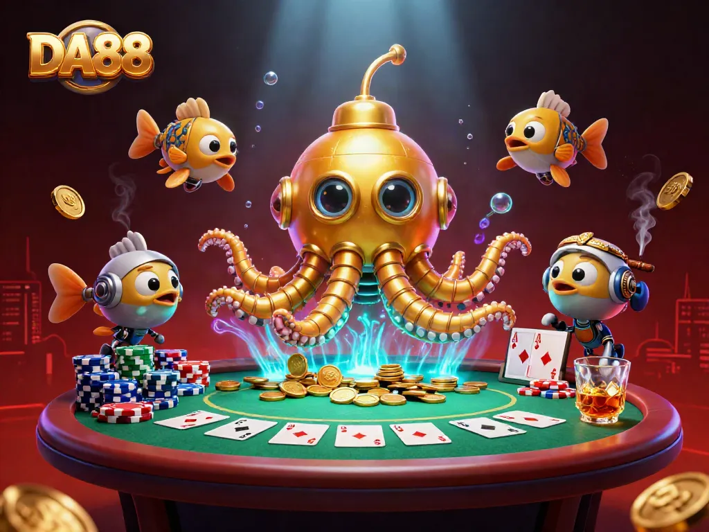 DA88 Kraken submarine surfaces through golden coins at a lively gaming scene