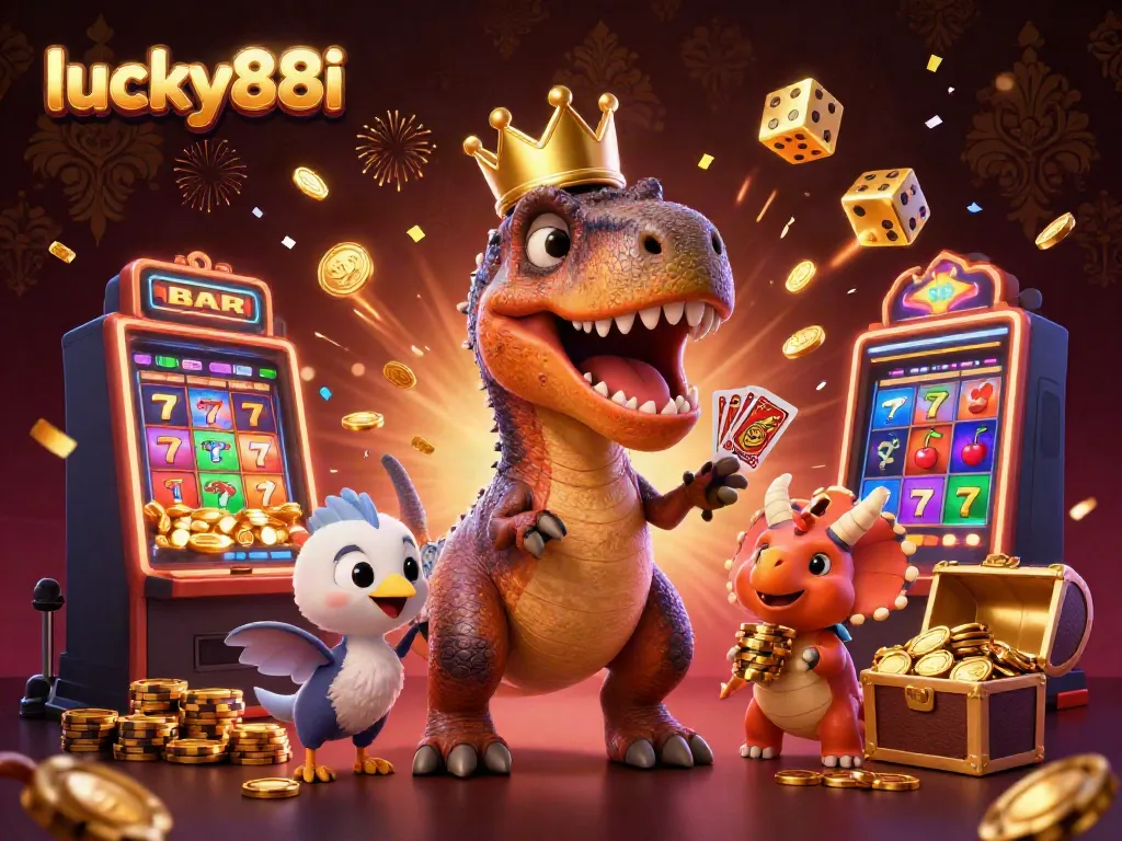 Experience thrilling moments with lucky88i, joining a cartoon T-Rex and friends in a colorful casino scene.