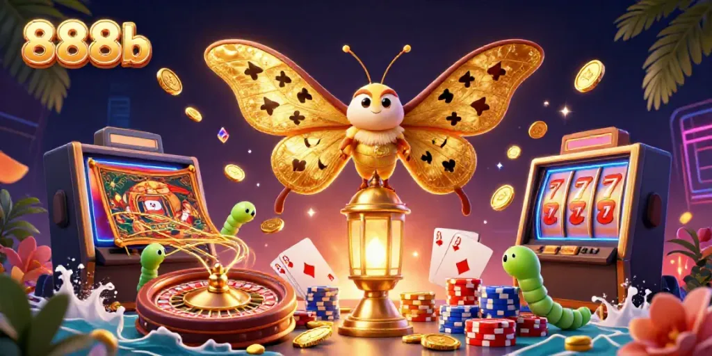 Engage with the vibrant 888b casino experience featuring gold coins, cards, and festive motifs.