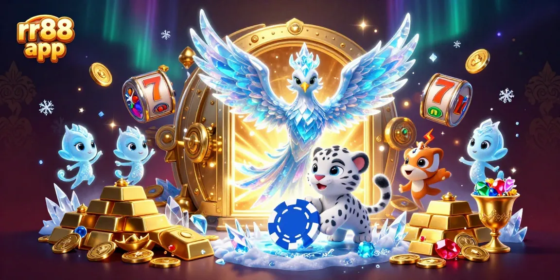 Win big with the rr88 app as an ice phoenix dances amidst golden treasures.