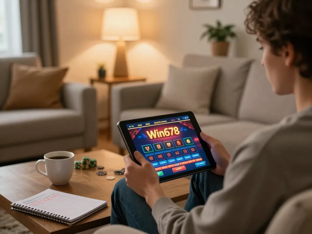 Engaging with win678 casino game on tablet in cozy living room setting, promoting responsible gaming