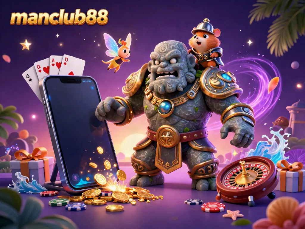 Experience dazzling wins with manclub88's immersive casino adventure featuring golem, fairy, and knight.