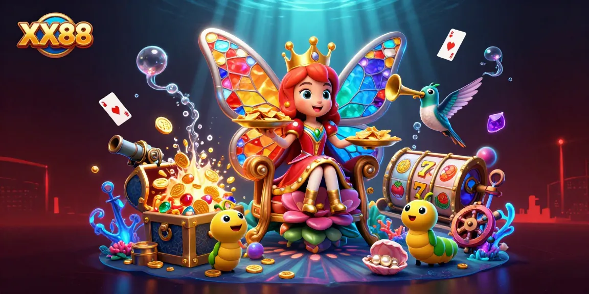 Engage with XX88's immersive casino experience through this vibrant 3D illustration showcasing playful characters and dynamic gaming elements.