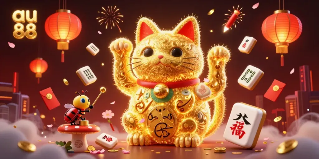 Experience the magic of au 88 as golden fireflies form a lucky cat surrounded by vibrant casino symbols.