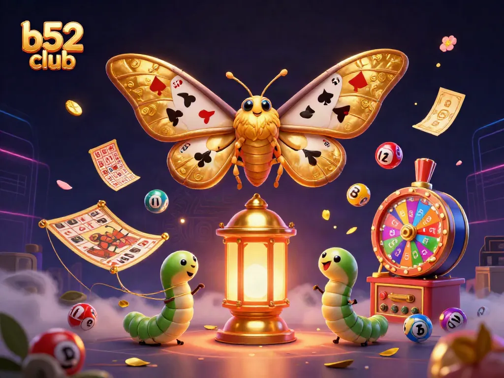 Experience the excitement of b52 club with vibrant casino scenes and a majestic moth illustration.