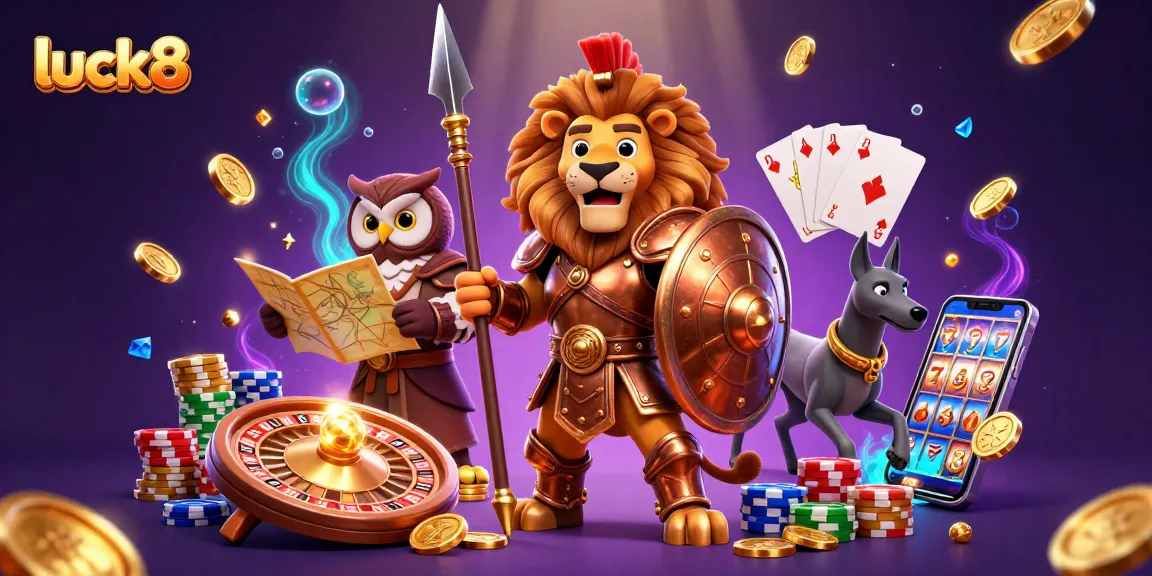 Experience luck8 with a dynamic casino scene featuring a Spartan lion, owl strategist, and greyhound messenger.