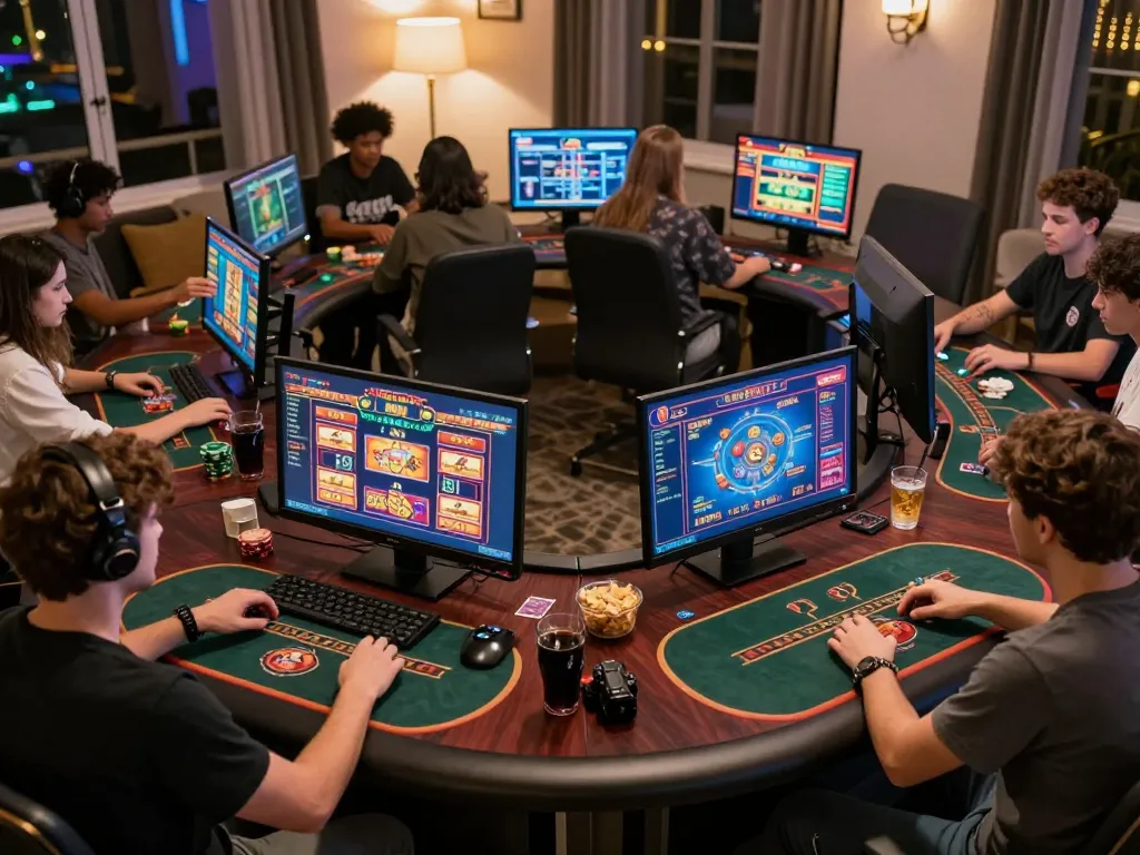 Players enjoying online slots and poker games seamlessly at home while using jun88.