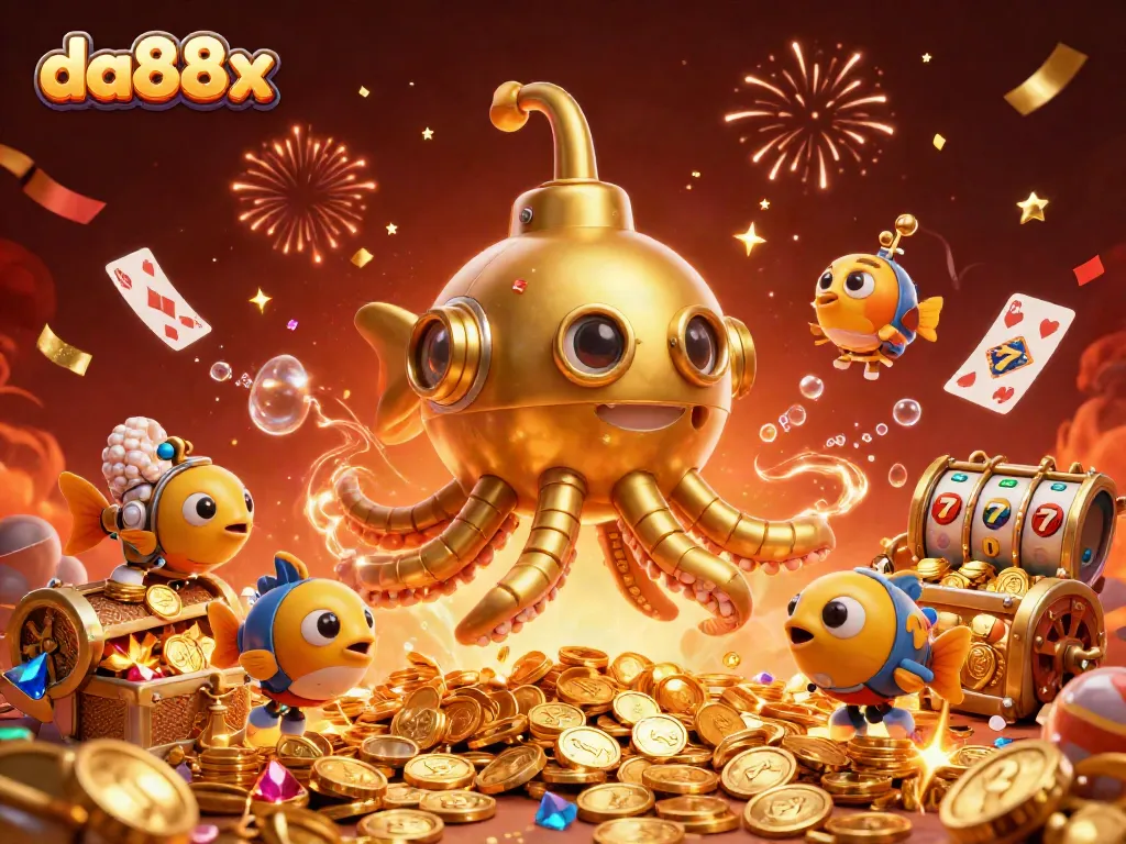 Experience the thrilling da88x adventure underwater with a kraken submarine amid golden coins and vibrant slot elements.