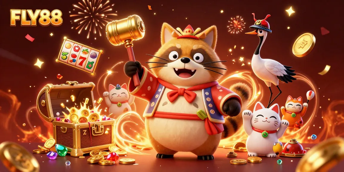 FLY88 showcases a cheerful tanuki and crane in a vibrant casino scene, highlighting slots and luck.