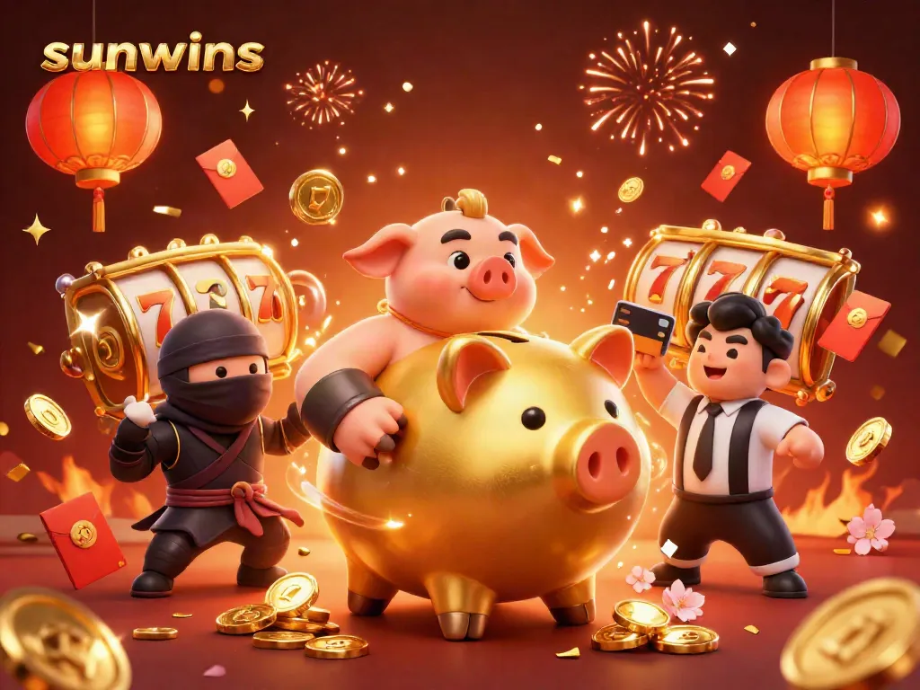 Experience the thrill of sunwins as a golden piggy bank wrestler celebrates with jackpots and festive elements.