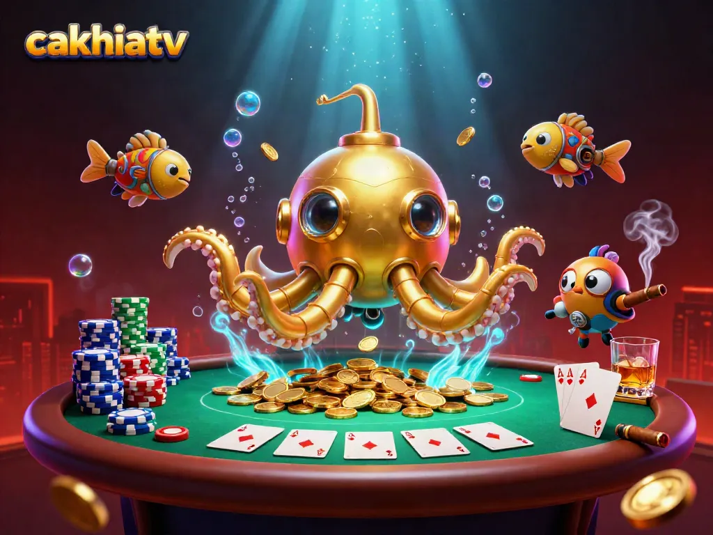 Experience cakhiatv's interactive gambling adventure featuring a kraken submarine amid gold coins and poker elements.