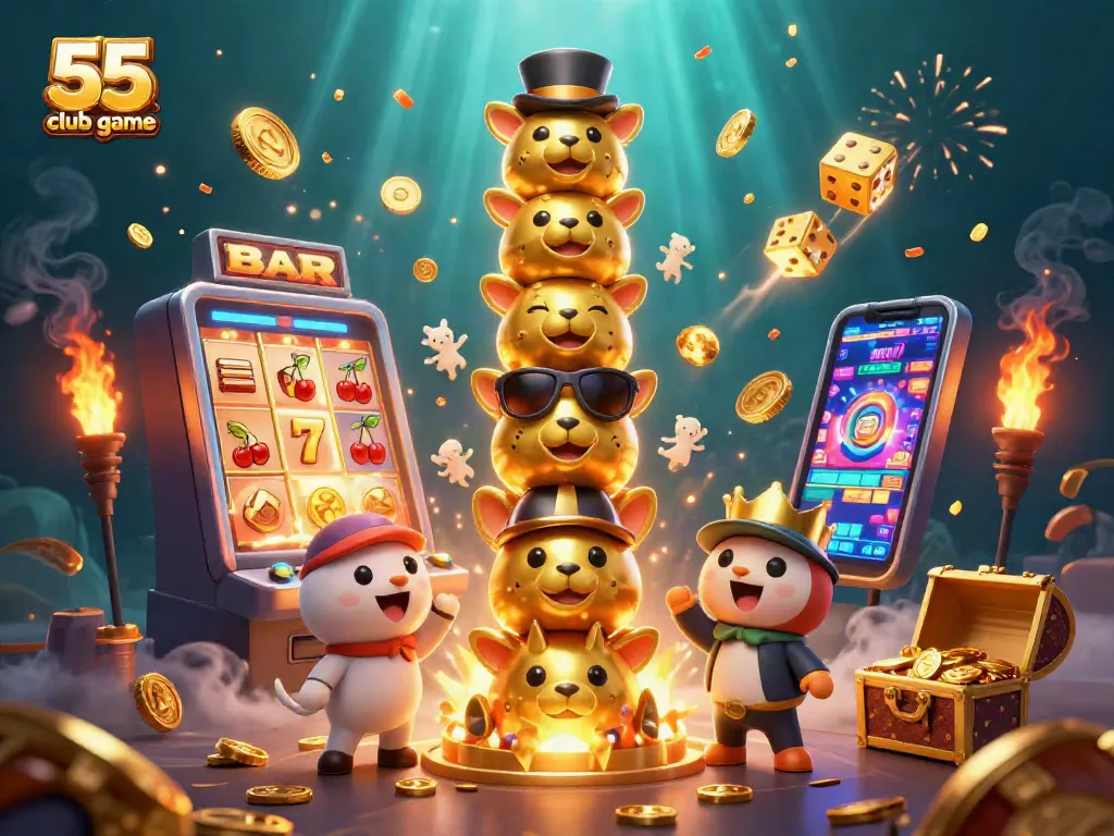 Engage with the thrilling 55 club game featuring a vibrant slot machine and playful totem pole.