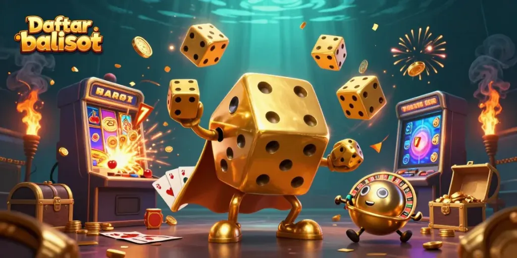 Experience thrilling moments in Daftar balisot with golden dice, slot machines, and vibrant casino elements.