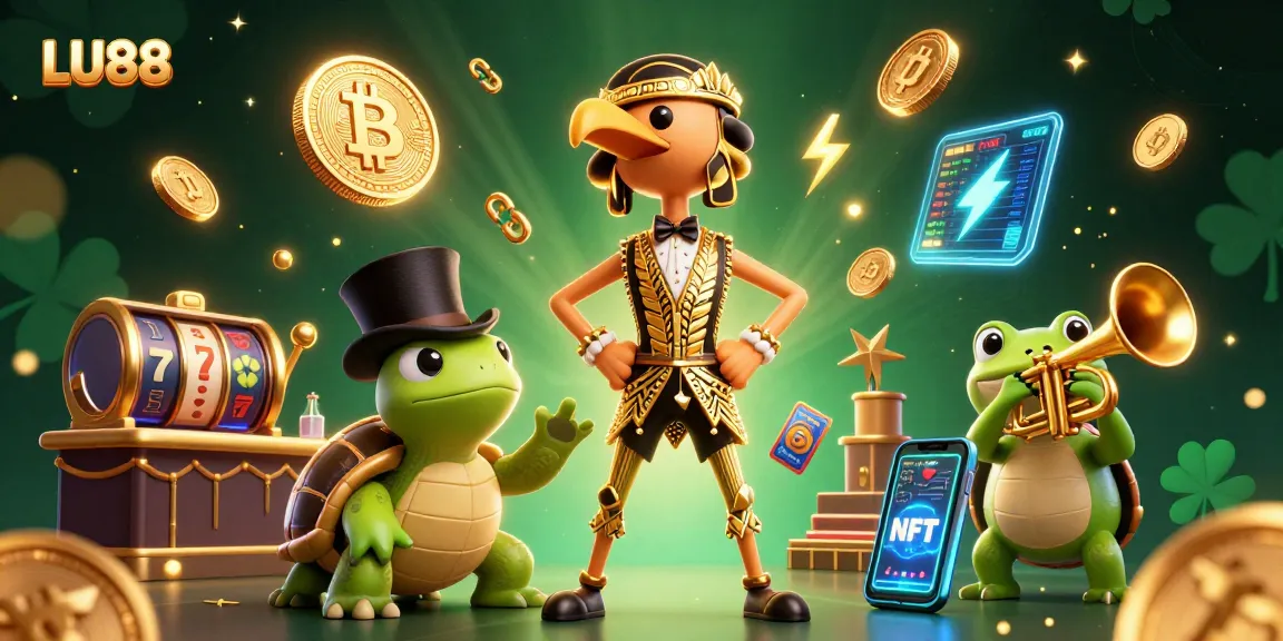 LU88 engages with vibrant slot reels and glowing crypto elements at a lively speakeasy.