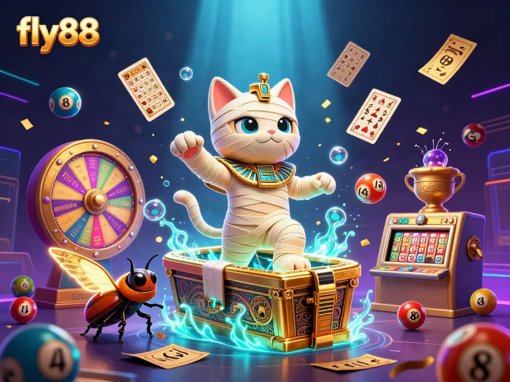 Experience exciting gameplay at fly88 with a dynamic 3D casino scene featuring a mummy cat and treasures.