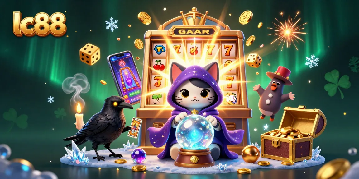 Experience thrilling games at lc88 with a vibrant 3D illustration of casino elements and mystical characters.