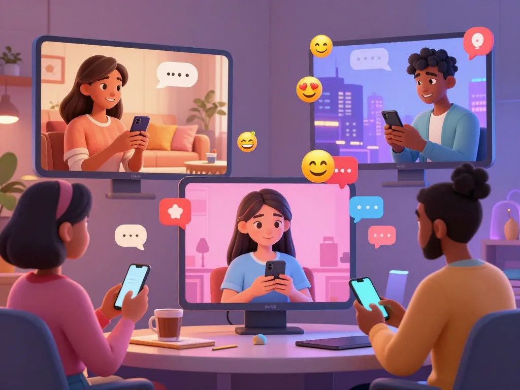Vibrant scene of diverse avatars engaging in lively sexchat conversations through futuristic chat interface.