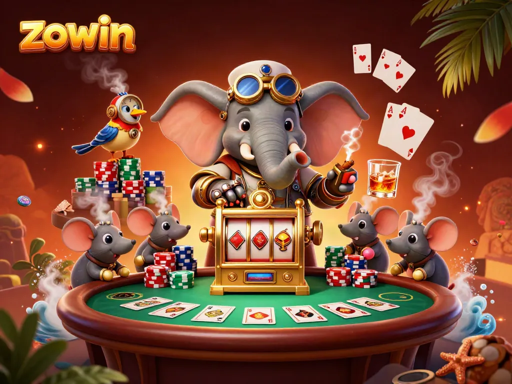 Experience thrilling gameplay at Zowin with a dynamic scene of steampunk characters around a casino setting.