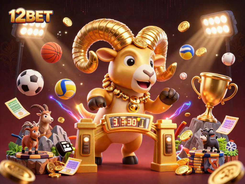 Experience the thrill of betting with the 12BET golden ram charging through an energetic casino scene.