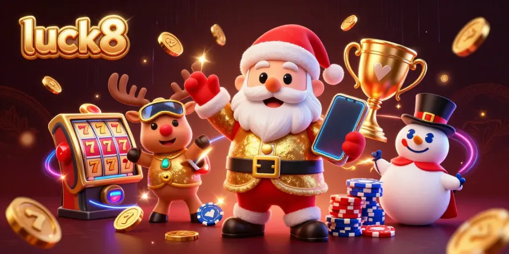 Experience the excitement of luck8 with Santa and friends celebrating big wins in a vibrant casino atmosphere.