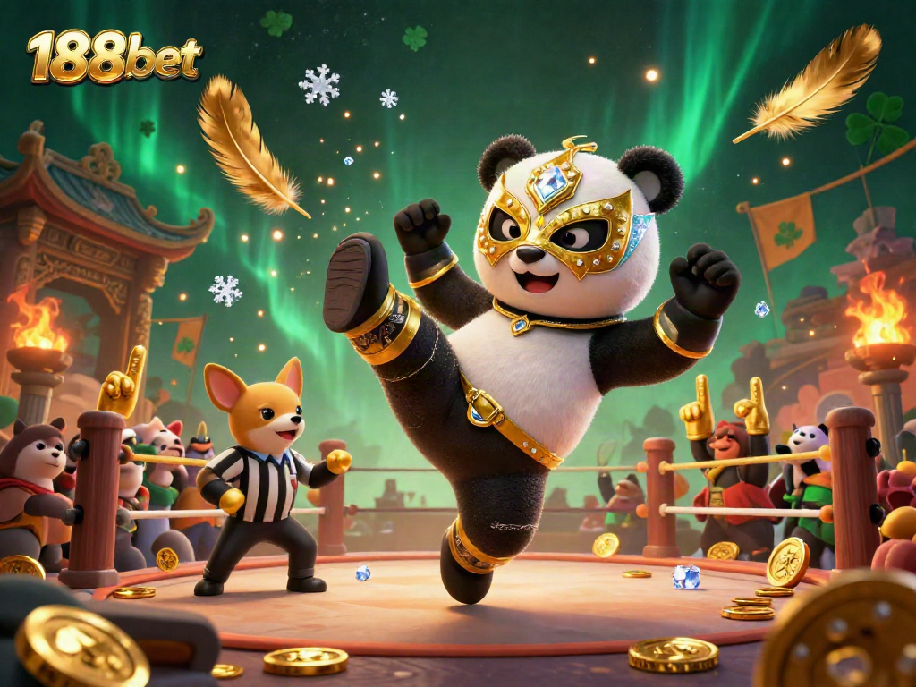 Witness exciting action at 188bet with a wrestling panda and animal spectators in a vibrant casino scene.