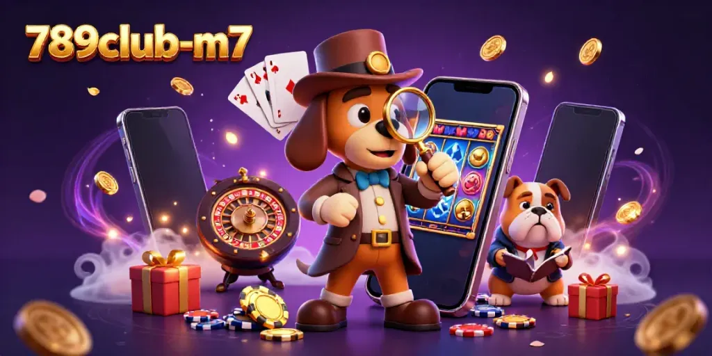 Play exciting games with 789club-m7 as a detective hunts for treasure amidst vibrant casino elements.