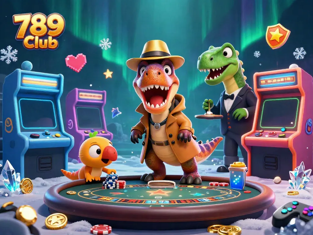 Engage with exciting gaming at 789 Club featuring a velociraptor secretly counting cards amidst glowing arcade machines.