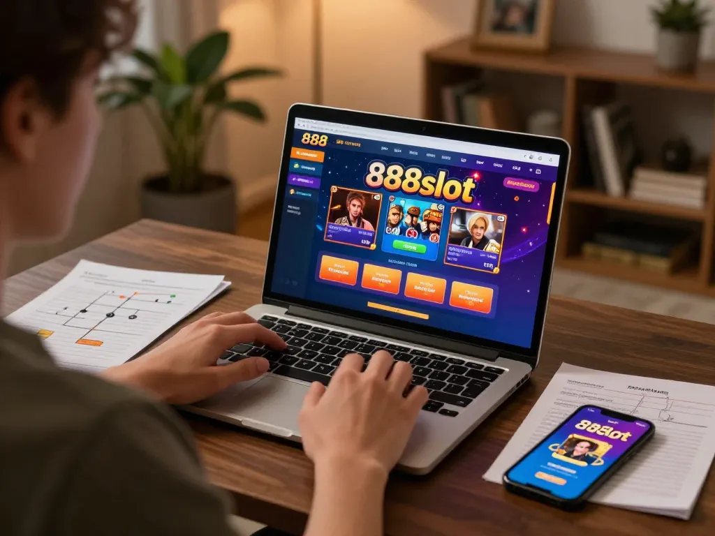 Engaged player enjoying the 888slot game on a laptop in a cozy home setting.