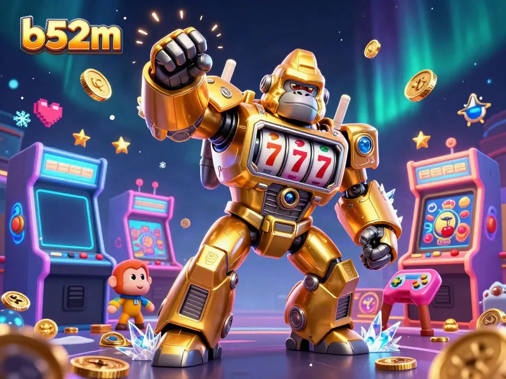 The b52m gorilla mech triumphantly unleashing coins in a vibrant gaming scene.