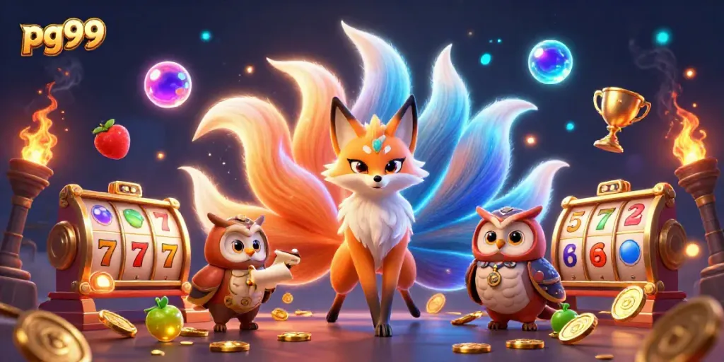 Engage with the colorful gaming experience at pg99, featuring a magical nine-tailed fox and slot machine symbols.