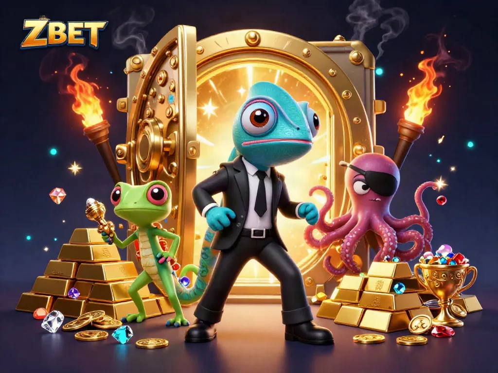 Join the ZBET adventure with exciting games and treasures in this vibrant casino illustration.