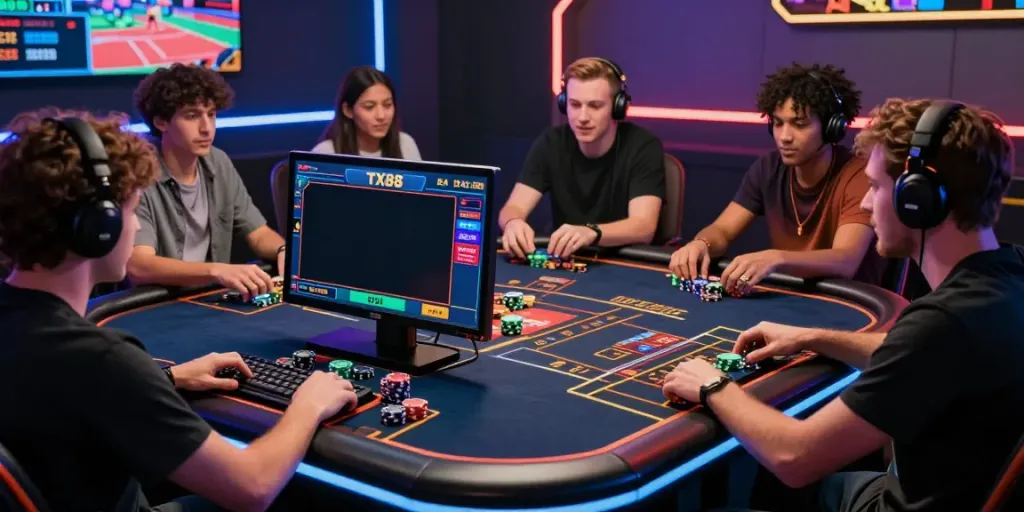Engaged players on TX88 online gaming platform strategizing bets in a stylish gaming lounge.