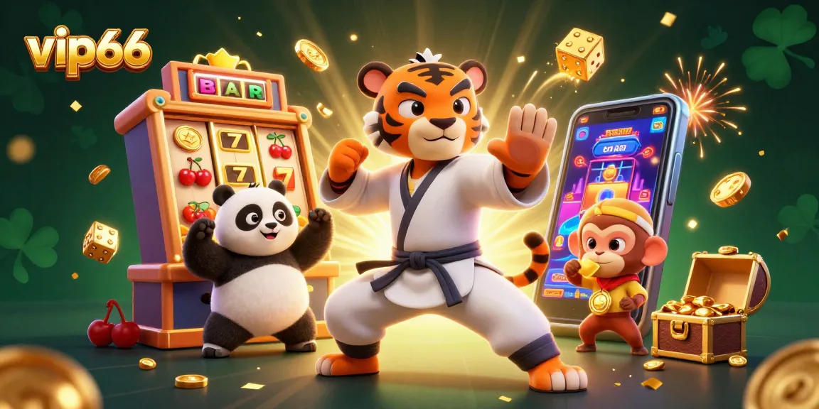 Experience the excitement of vip66 with a vibrant casino scene featuring a kung fu tiger, panda disciple, and a playful monkey.