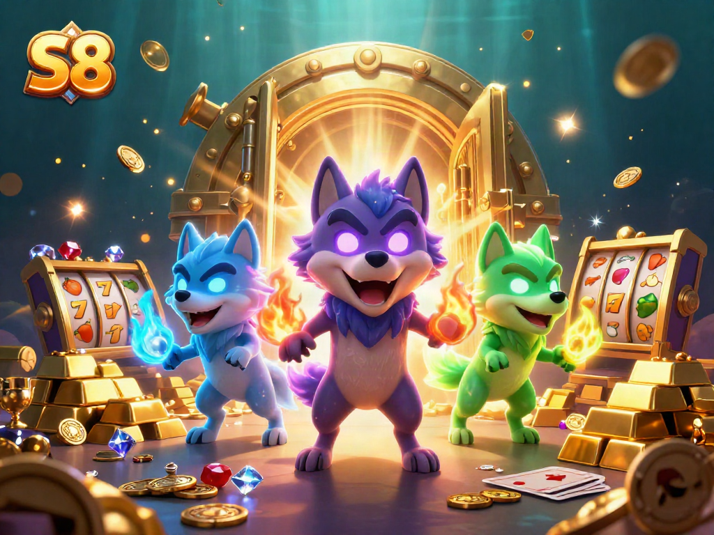 Spin to win with S8's 3D wolf pack leader and ghostly companions in a treasure-filled casino scene.