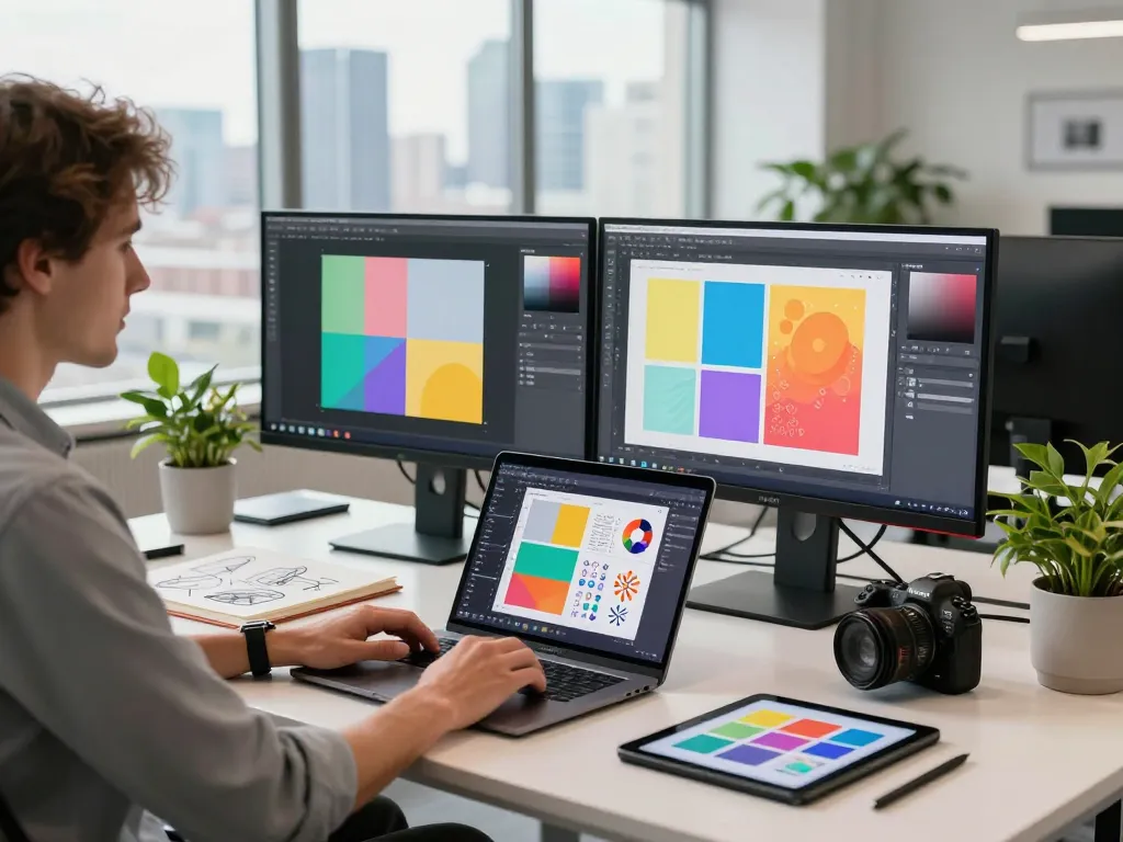 Designer using Nano Banana AI editor in a vibrant creative workspace.