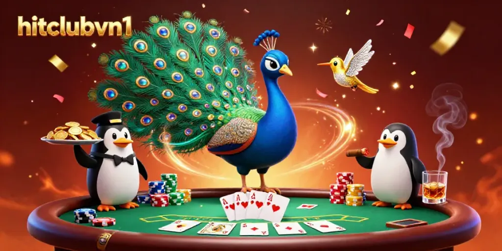 Engage with hitclubvn1 in an upscale poker scene featuring vibrant characters and rich casino elements.